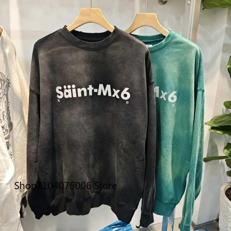 سويت شيرت كبير الحجم من Saint MX6 برقبة دائرية للرجال من القطن المغسول ملابس الشارع كاجوال بقلنسوة