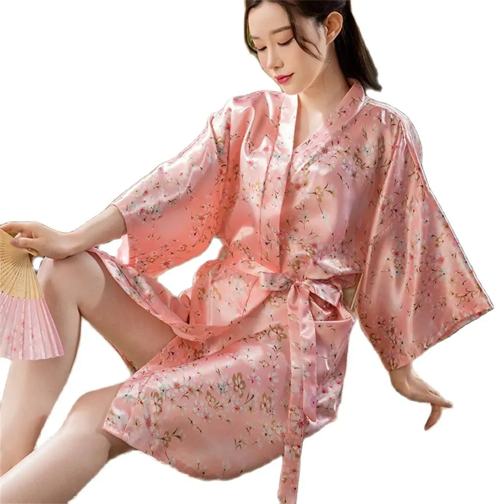 

Summer Thin Floral Printed Pajama Japanese Style Bathrobe Women Sexy Short Kimono Cardigan Sleepwear Ladies V-neck Robe Homewear