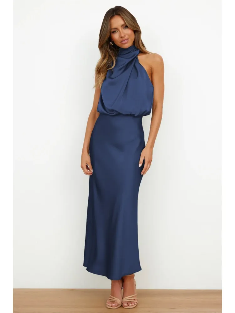 Sexy Off-the-shoulder Halter Sleeveless Satin Dress For Women's New Summer Elegant Cinched-waist Female Banquet Dresses 2025