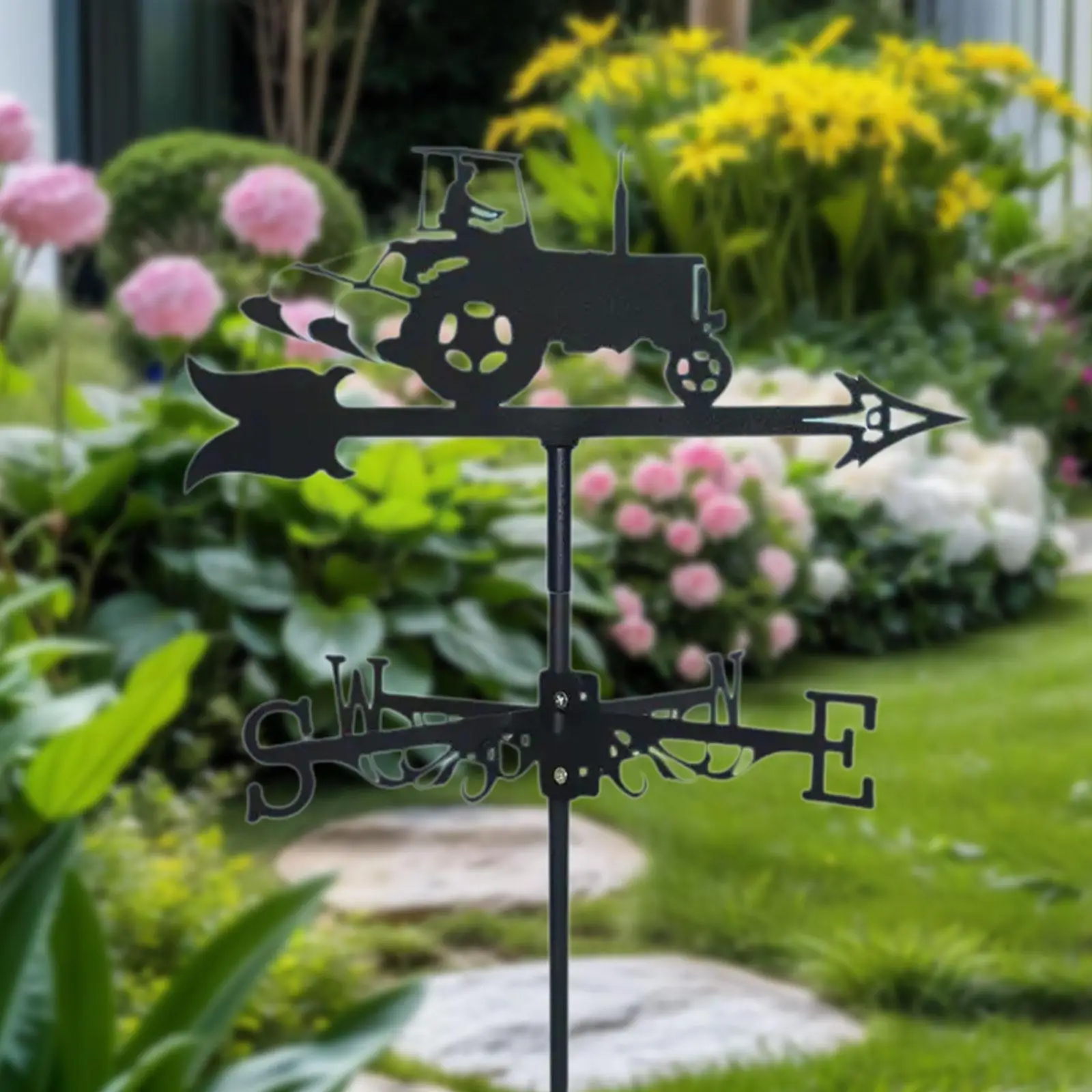 Wrought Iron Weather Vane Black Tractor Windmill Garden Vane Outdoor Roof Decor for Yard Lawn