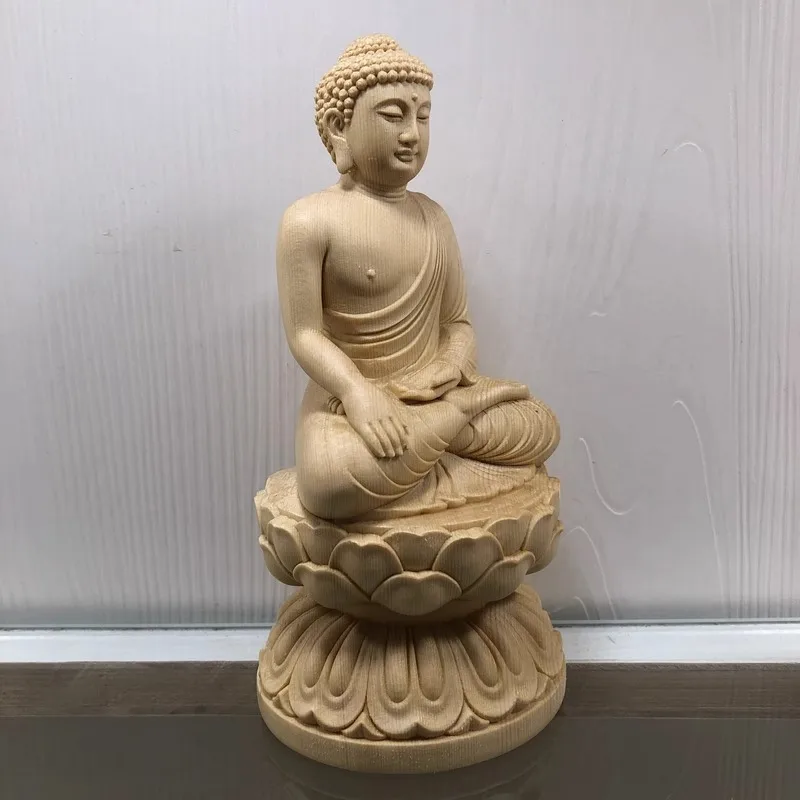 Hand Carved Hinoki Wood Seated Shakyamuni Buddha Statue Figurine w/ Lotus Base - Zen Meditation Ornament Home Temple Altar Decor