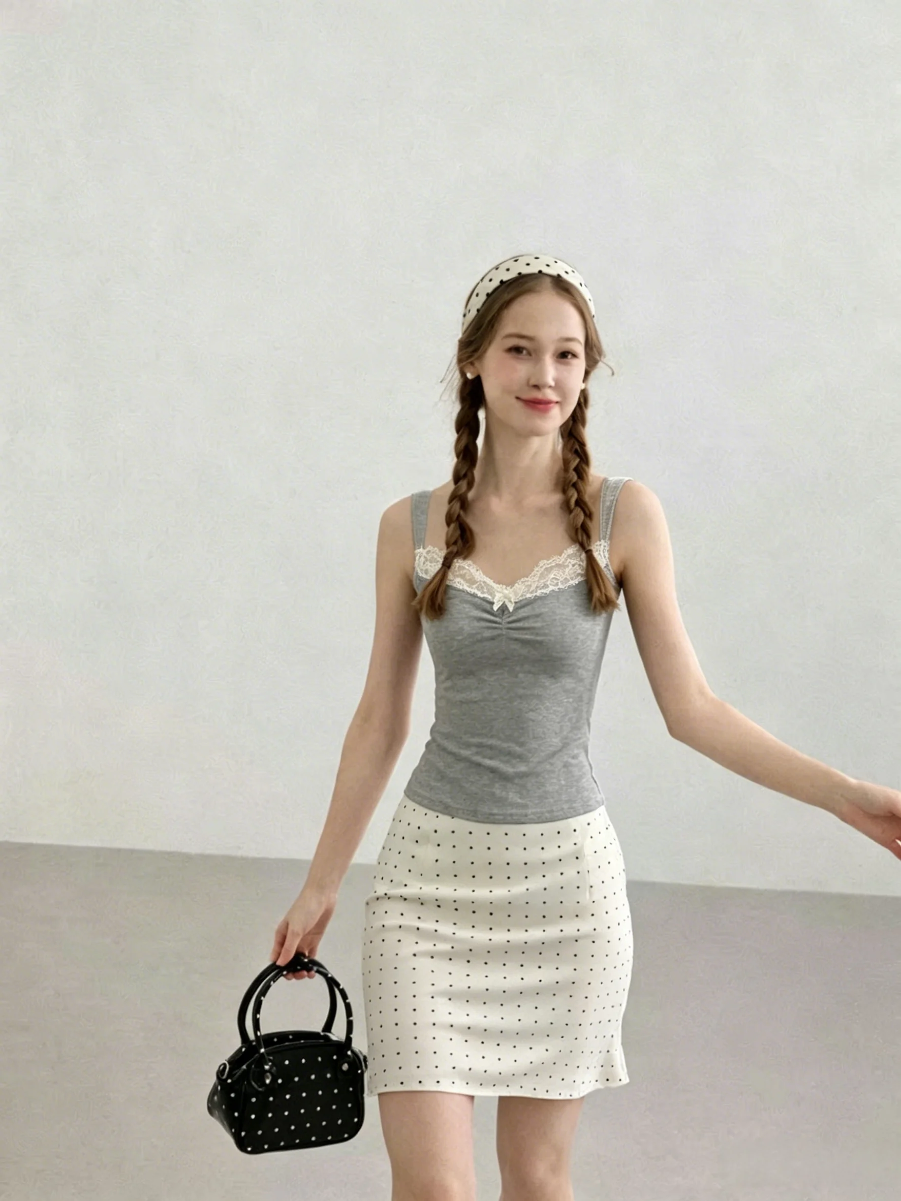 Lace  Knot Strap Vest Women's Spring Summer New Large Size Slim Fit Outerwear Base Layer Top Cotton 95% Spandex 5%
