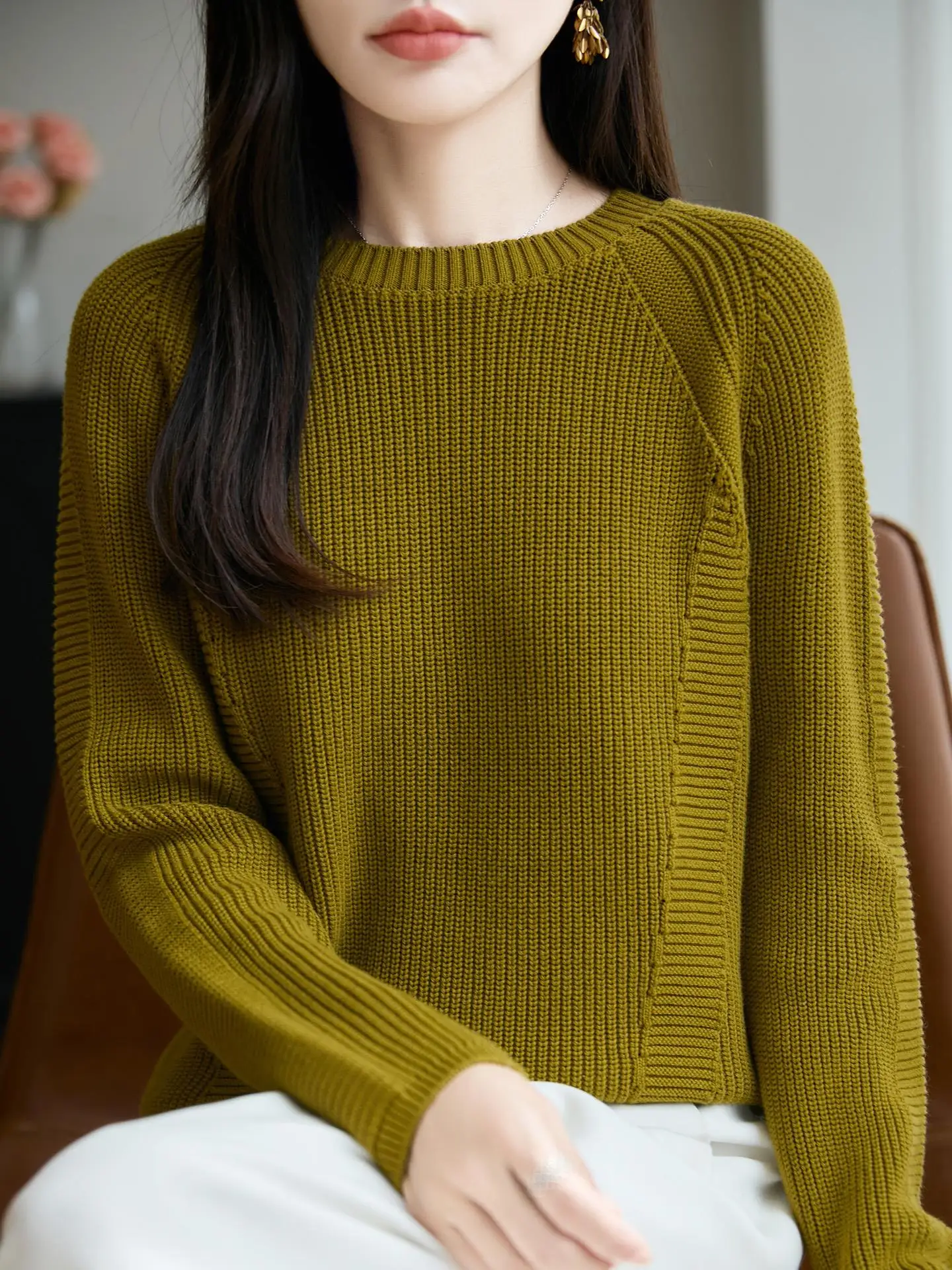 

00% Pure Cotton Knitted Sweater Women's Loose Fit Autumn Winter New Sle Inner Wear Full Cotton Yarn Base irt