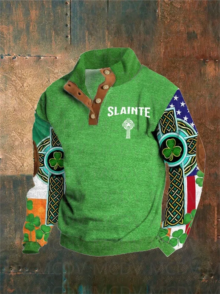 Men\'s Irish Cross St.Patrick Day Flah Print Button Casual Sweatshirt Men\'s Polo Pullover Men Sweater