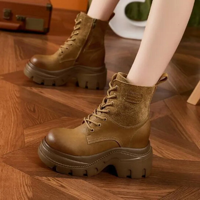 

9.5CM Autumn Winter Thick Platform Women Short Boots Lace Up Ankle Boots Leather Chunky Sneakers Motorcycle Shoes Botas Mujer