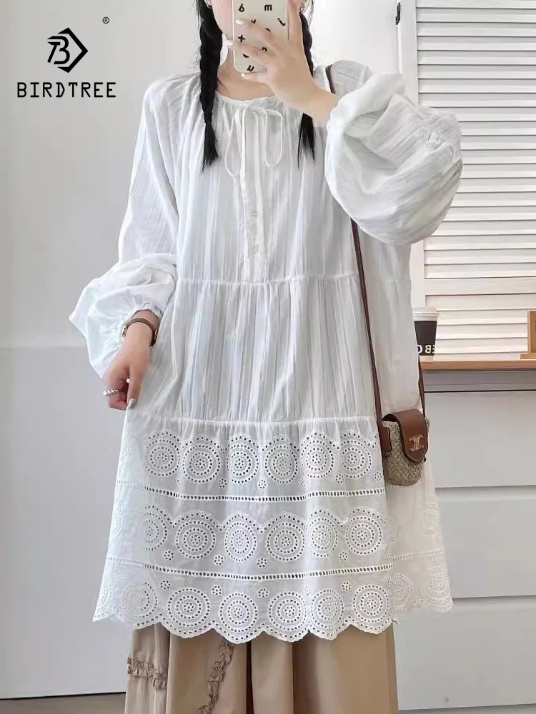 

New Summer Cotton Long Sleeve Shirt, Women O Neck Embroidery Tops, Mori Girl Casual Loose Long Blouses, 2024 Autumn T47702QC