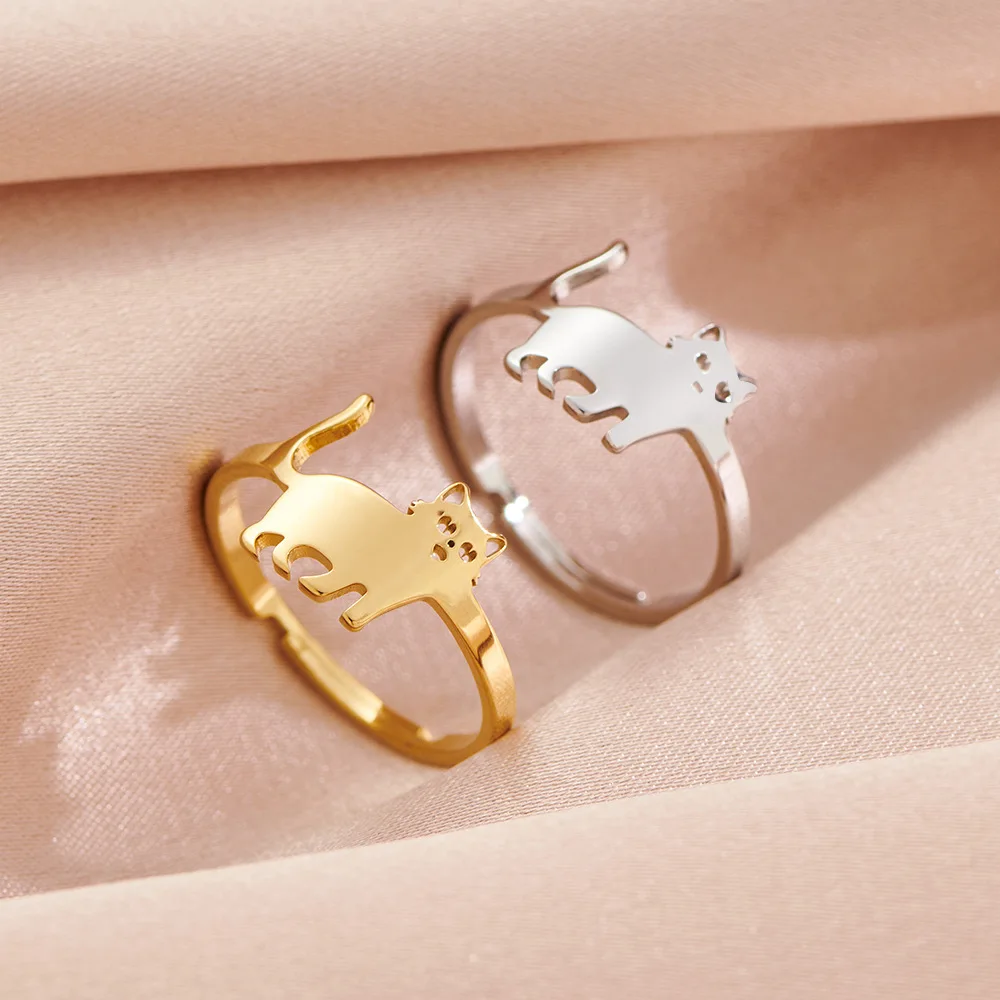 2024 New fashion through funny cat ring female niche design open ring child fun cute simple open adjustable ring