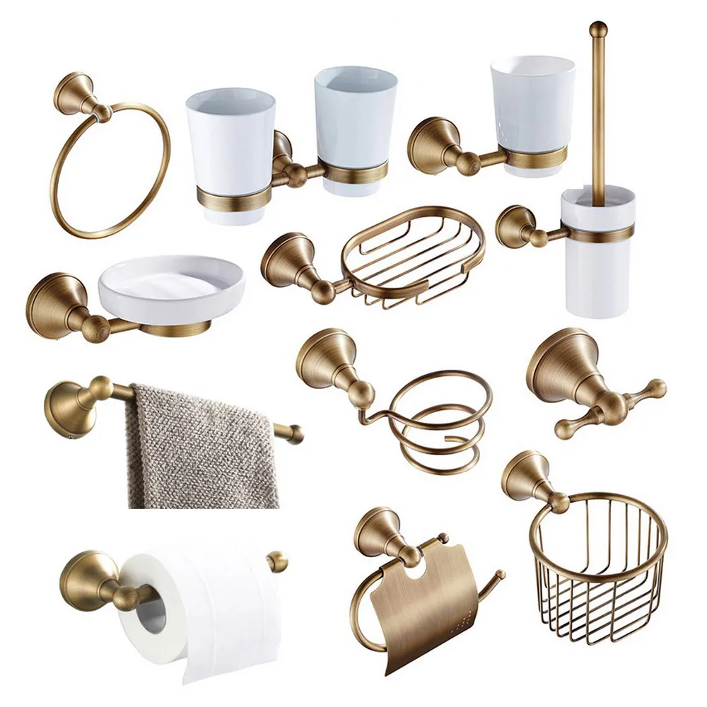 

Antique Brass Wall Mounted Bathroom Accessories Set Towel Bar Soap Dish Robe Hook Toilet Paper Holder Toothbrush Holder azh112