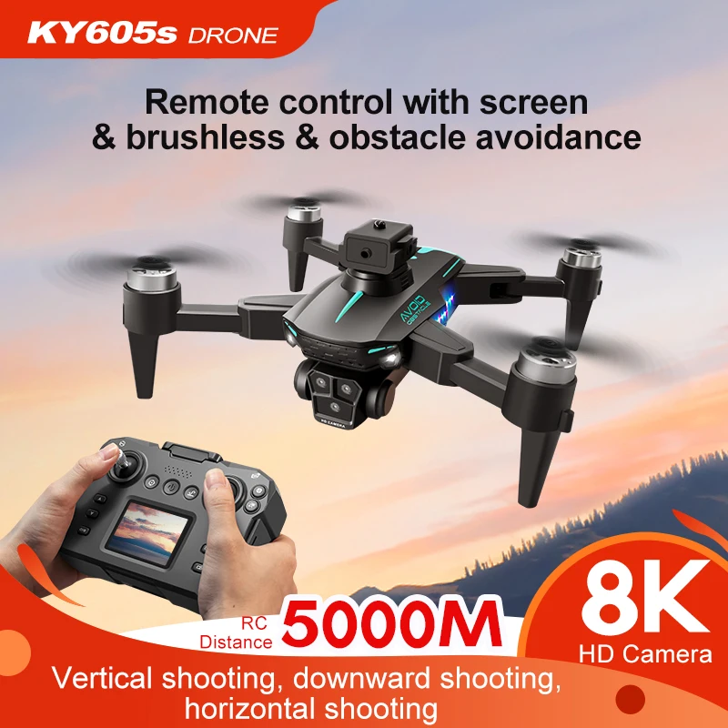 KY605S Dron z ekranem 8K Szerokokątny Profesjonalna lokalizacja przepływu optycznego z trzema kamerami 360° °   Quadcopter RC do unikania przeszkód