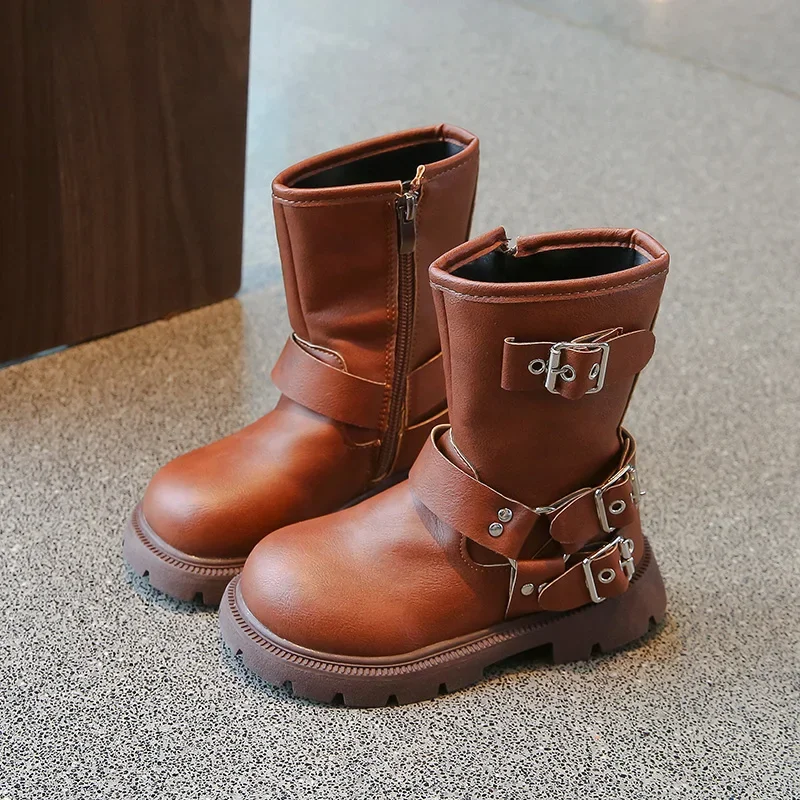 2024 New Children Platform Boots Classic Metal Versatile Girls Causal Boots Fashion British Style Matte PU Kids Mid-calf Boots