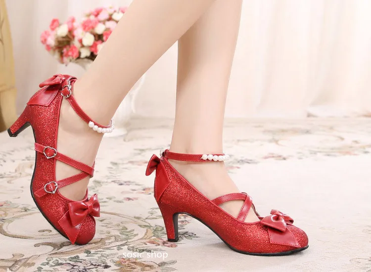 Sweet Lolita Shoes Vintage Round Head High Heel 6cm Women Shoes Cute Bowknot Cross Bandage Kawaii Shoes Loli Cosplay Kawaii Girl