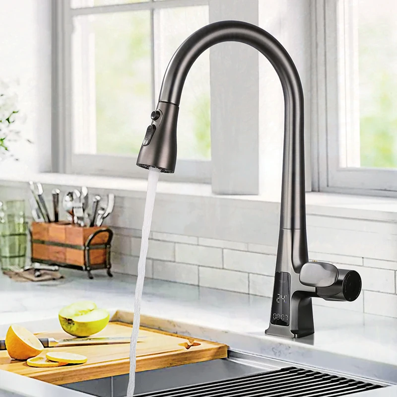 intelligent induction digital display faucet single handle hot and cold dual control sink faucetluxury black kitchen faucet