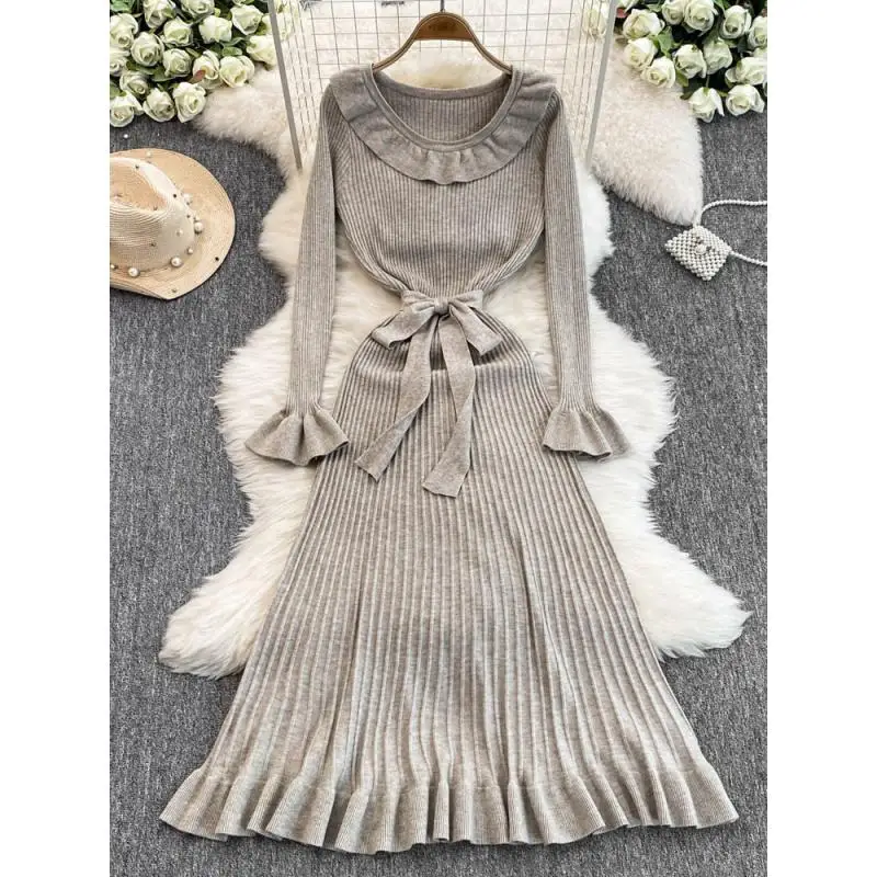 GetSpring Women Dress 2024 Autumn Winter Elegant Flare Sleeve Ruffled Lace Up Slim Fit Long Bottoming Knitted Fishtail Dresses