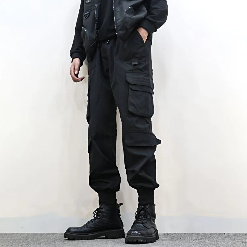 

ARENS Multi Pockets Solid Color Casual Cargo Pants Mid-Rise Elastic Waistband Drawstring Shrinkable Cuffs Men Sweatpants