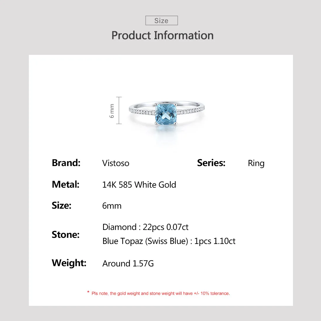 VISTOSO Genuine 14K 585 White Gold Stackable Ring For Women Sparkling Diamonds Blue Topa Tapper Wedding Anniversary Fine Jewelry