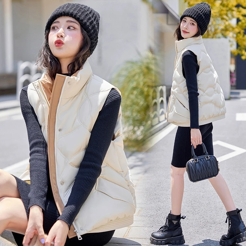 

Winter New Down Cotton Vest Jacket Women's stand collar Fashion All-match Parkas Outer Wear Vest Sleeveless Stitching Loose Vest