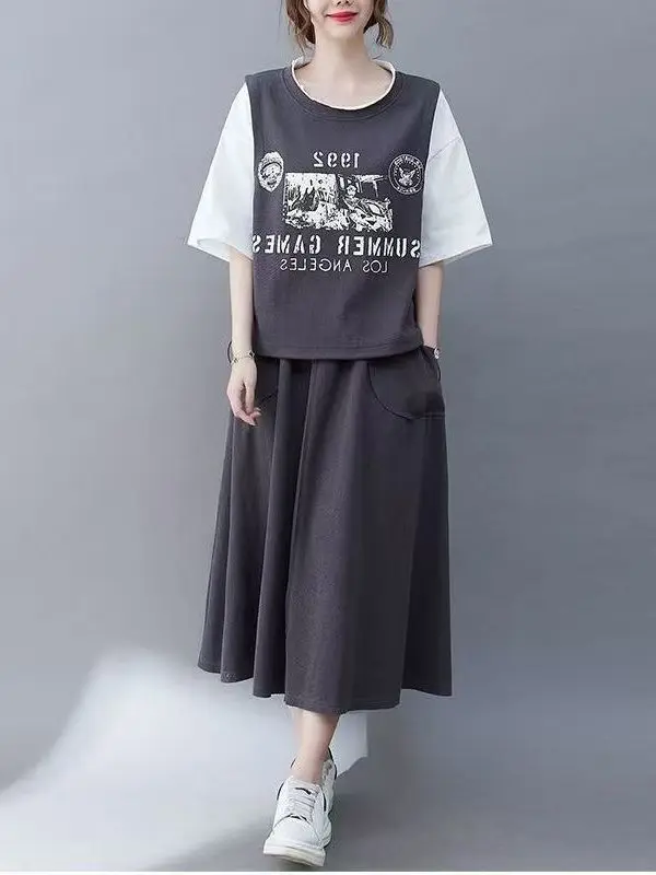 

Large Size Casual Loose Women's Half Skirt Set Summer Contrast Color Top High Waist Print Pattern Short Sleeve T-Shirt