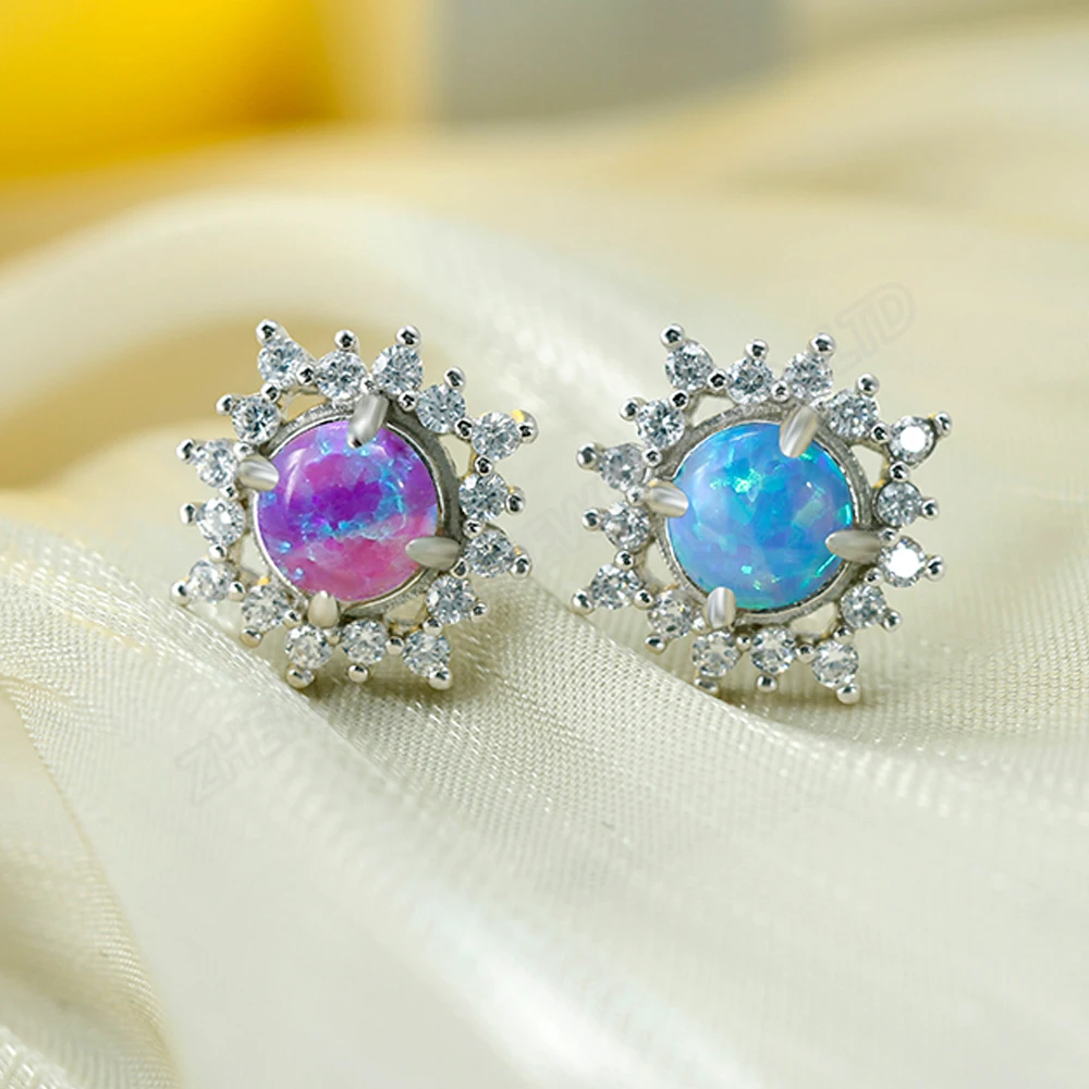 925 Sterling Silver Sun Shape Stud Earrings For Women Opal Stone Earring