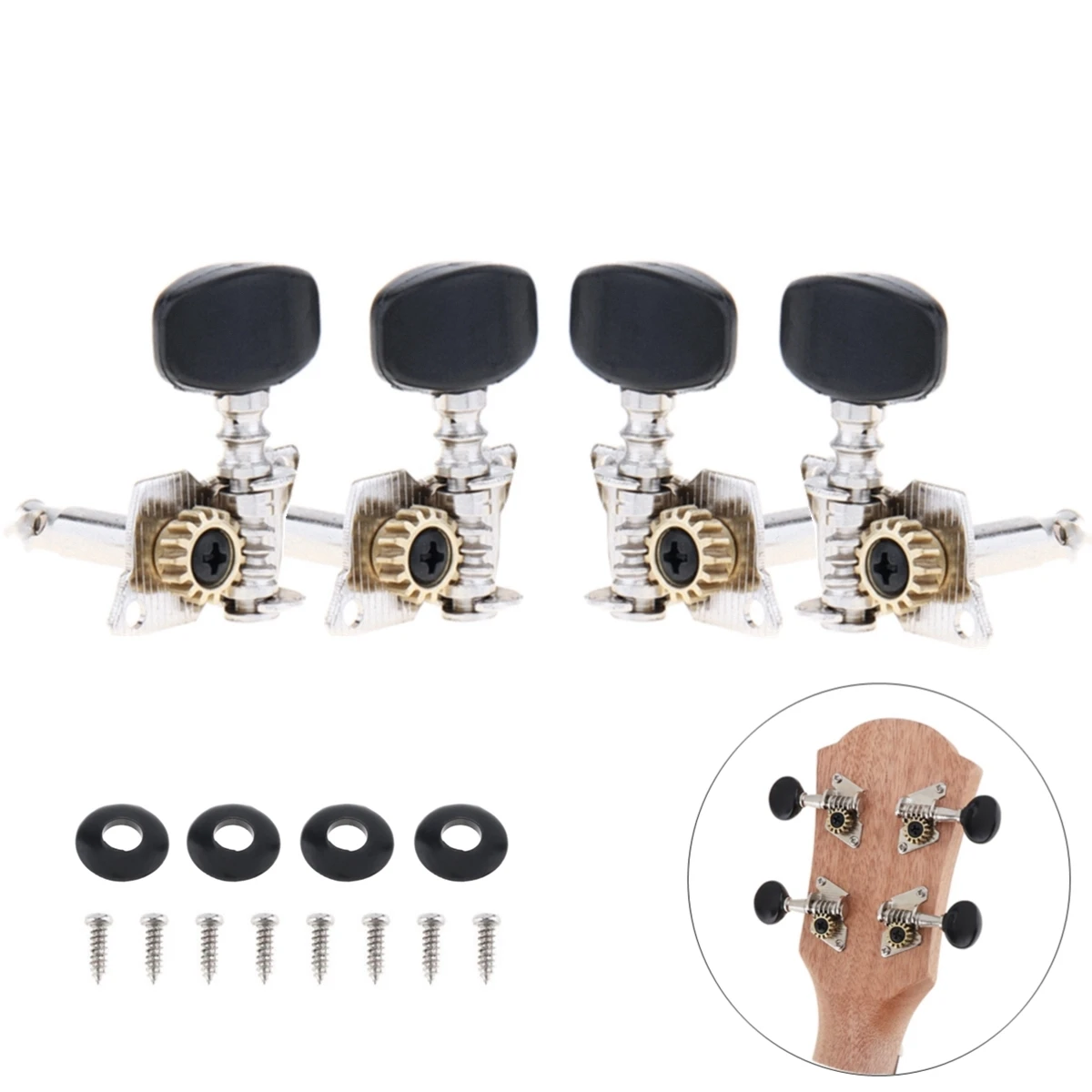 4pcs Ukulele Black Tuning Pegs 2R+2L Steel Machine Heads Tuners for 21 / 23 / 26 Inch Four Strings Ukuleles