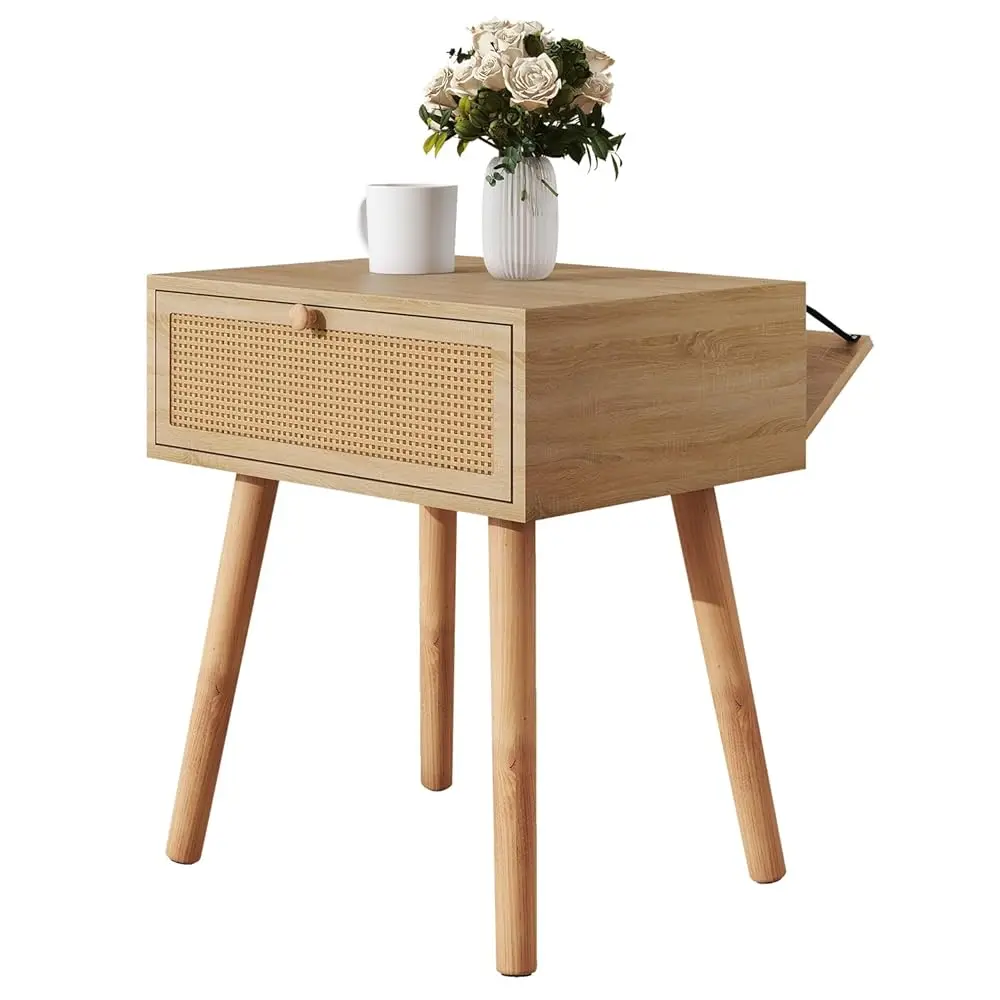 

Hidden Compartment Nightstands, Rattan Nightstand With Wood Legs, Boho Side Table Concealment Furniture, Bedside End Table For