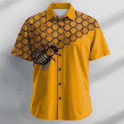 T-shirt men's shirt lapel button Hawaiian casual bee fashion trend pink men's short-sleeved shirt new plus size