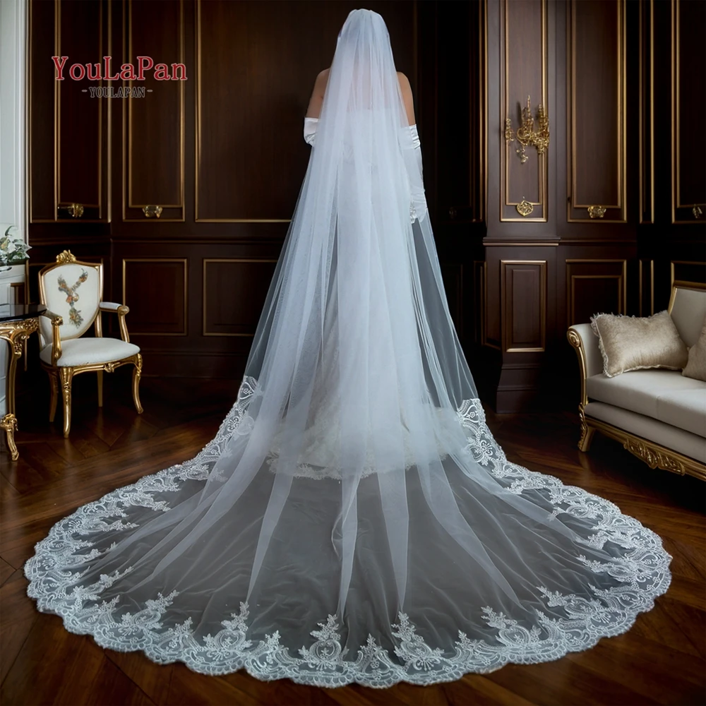 YouLaPan Vintage Lace Edging Trail Bridal Wedding Accessories Luxury Bridal Cathedral Veil Velos Cristianos De Iglesia V73