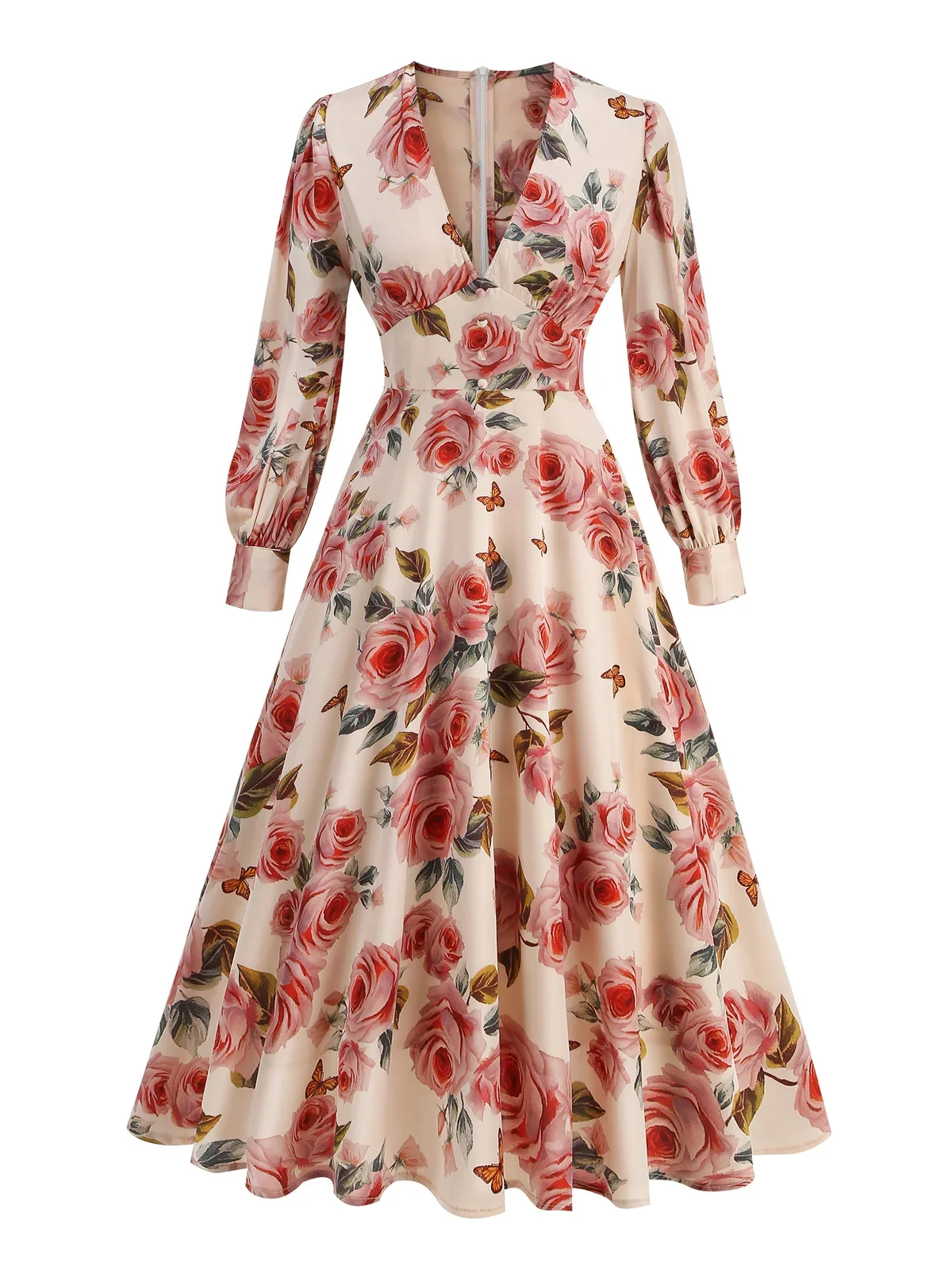 2025 Casual 1950s Vintage Floral Valentine's Day Elegant Long Dresses for Women Spring V-Neck Long Sleeve Evening Party Dress