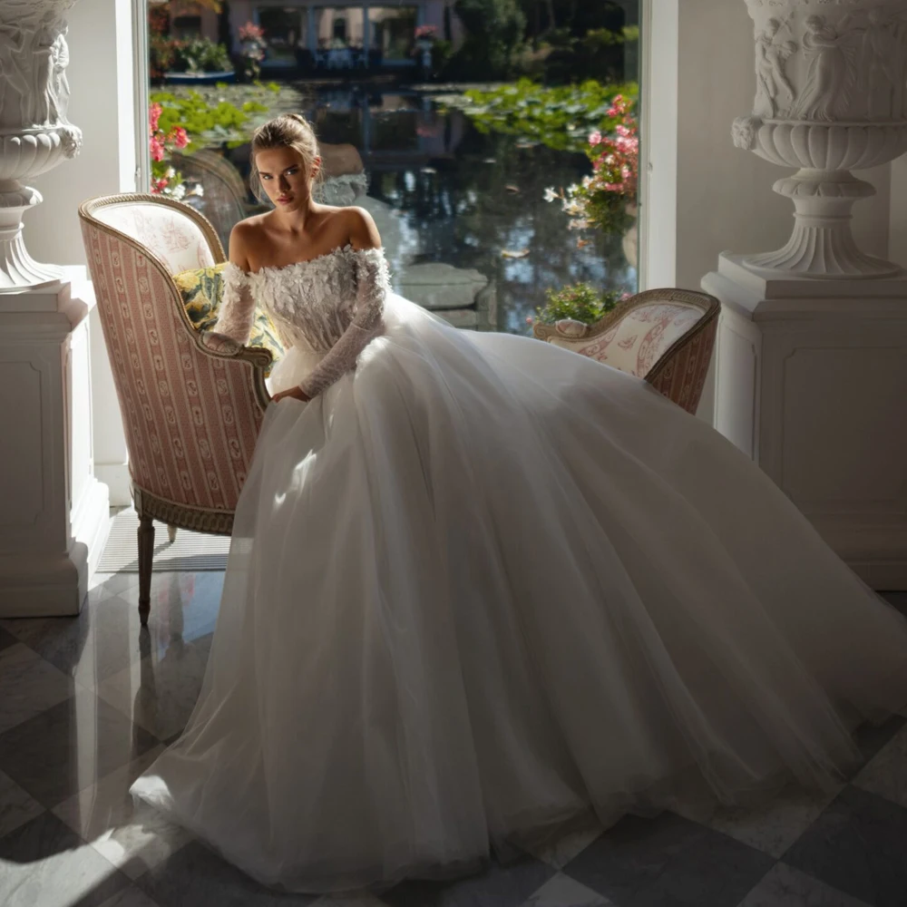 Suknie ślubne z odkrytymi ramionami 2025 damskie kwiaty koronka gorset aplikacje bez pleców suknie dla panny młodej linia A plażowe vestidos de novia