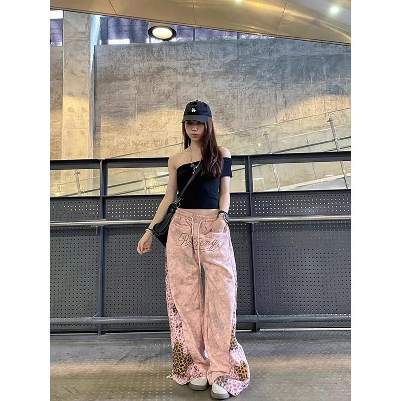 ZHIZOU Women Pink Baggy Pants Oversize Sweatpants Leopard Long Pants Harajuku Japanese 2000s Style Y2k Vintage Trousers Clothes