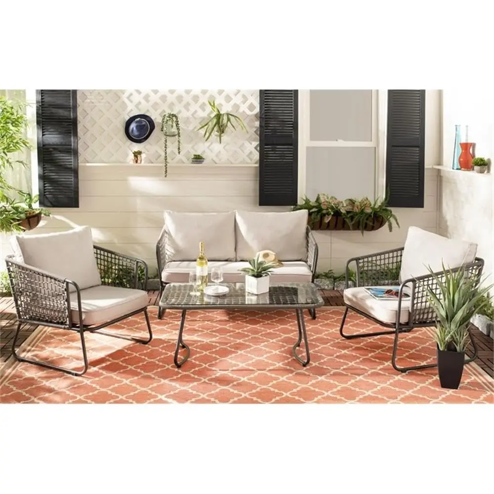 Grey 4 Piece Outdoor Patio Furniture Set with Weather Resistant Cushions for Garden & Balcony, Customized