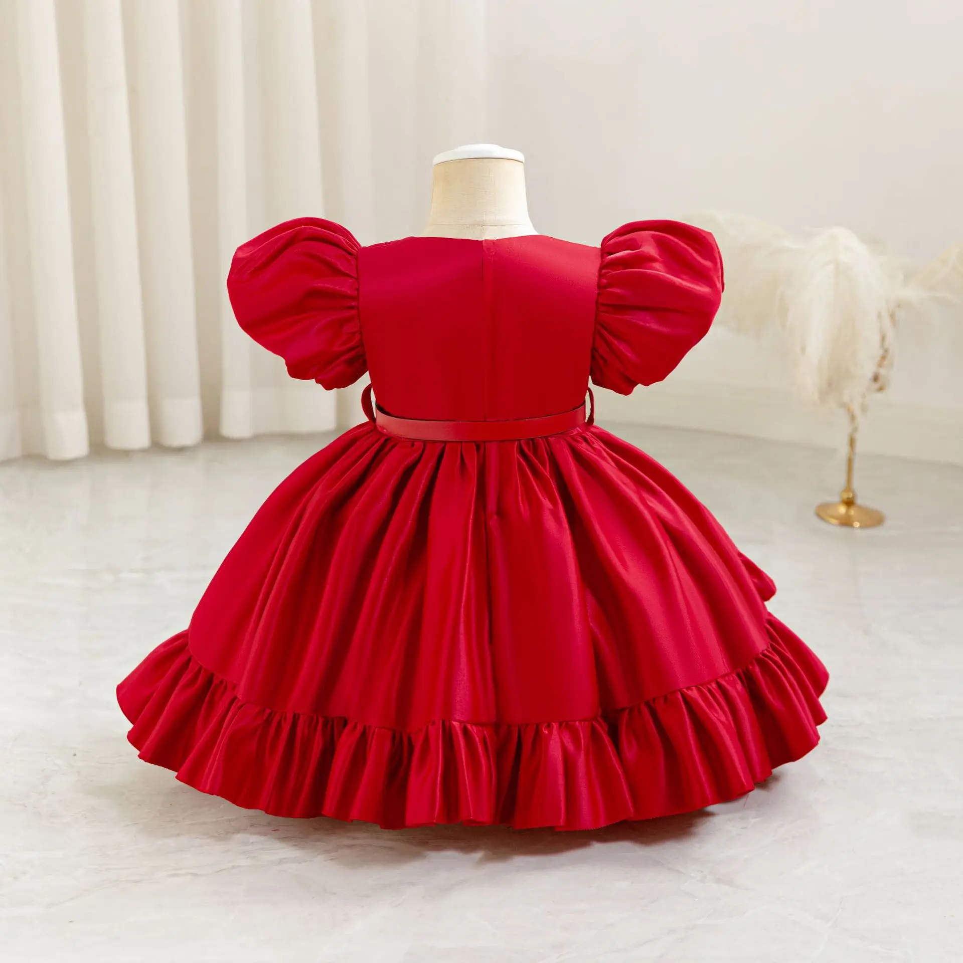 HETISO Pocket Sash Baby Girl Dresses Ruffle Patchwork Kids Satin Ball Gown for Christmas Party 6M-5 Years