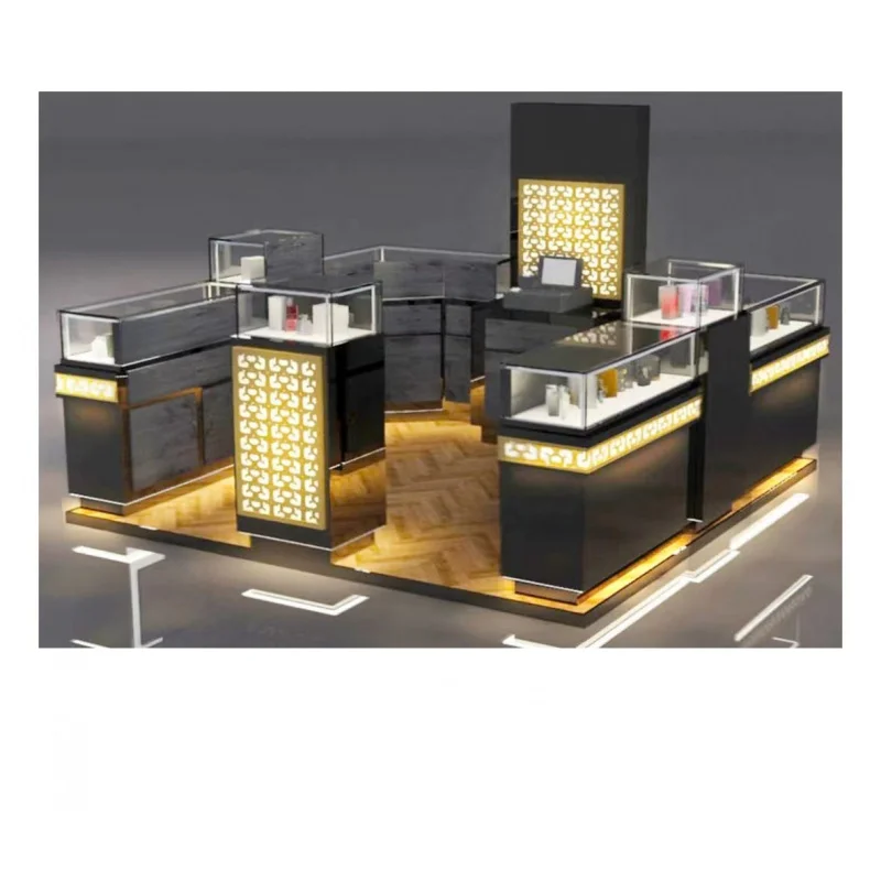 Stand de parfum moderne personnalisé, conception de kiosque de mélangeur, vitrine d'affichage de magasin en verre en bois