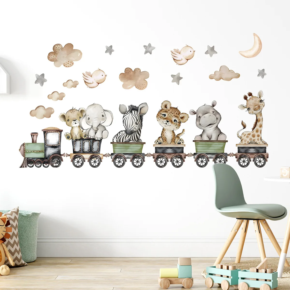 Safari Animals Train Wall Stickers for Kids Rooms Boys Baby Room Bedroom Decoration Jungle Elephant Giraffe Wallpaper Vinyl