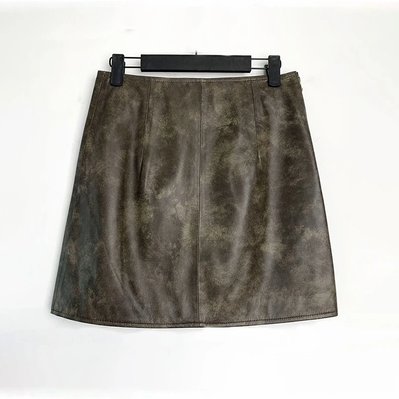 Leather Skirts Woman 2024 Trend Autumn Retro Rubbing High Waist Short Skirt Sheepskin Slim Hot Girl A-Line Wrap Hip Faldas Mujer