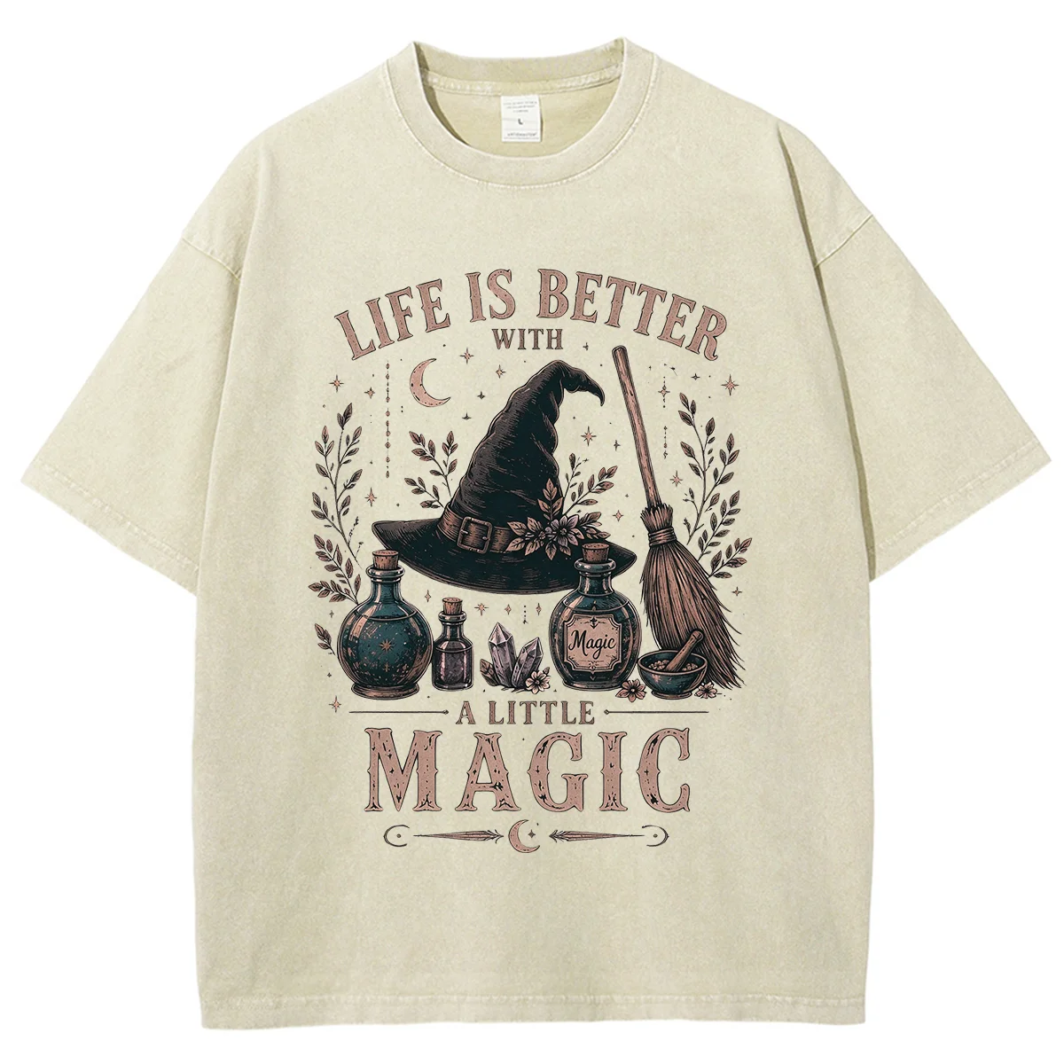 Women’s Cotton Crew Neck Short Sleeve T Shirt Life Is Better With A Little Magic Witch Hat Potion Bottle Graphic Tee Retro Tops