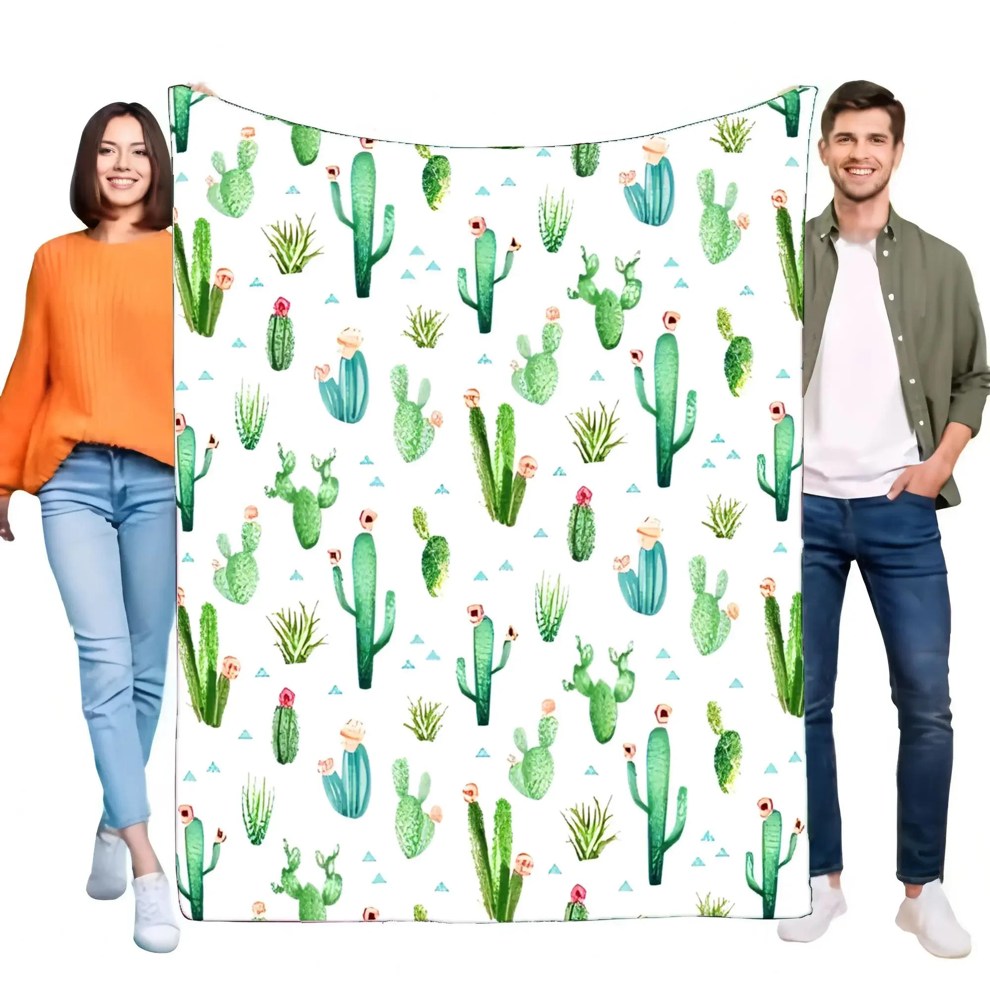 Soft Cozy Watercolor Cactus Blanket Flannel Throw, Botanical Succulent Plant Pattern for Bed Sofa Couch Living Room Decor, Light