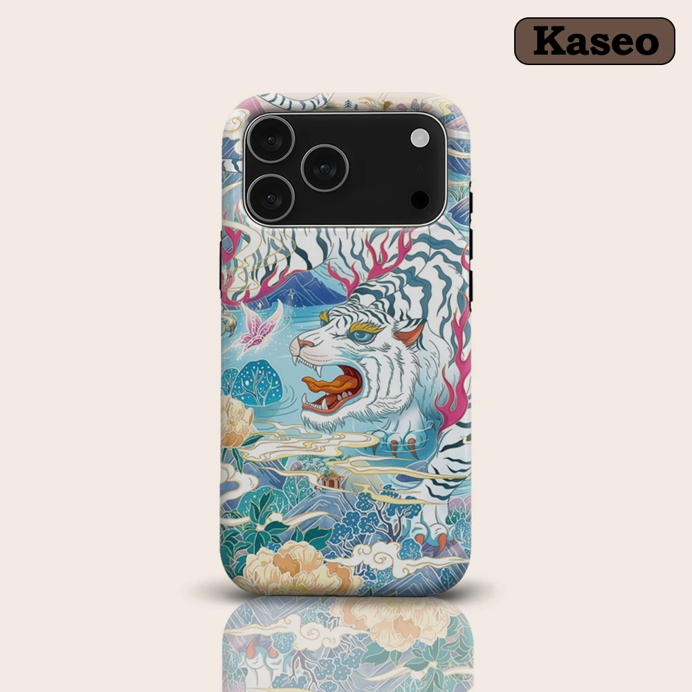 Orientalisches Kunstwerk mit Weißem Tiger & Pfingstrose für Magnetische Handyhülle für iPhone 17 16 15 14 Pro Max Plus Ein- oder Zweischichtige Robuste Hülle