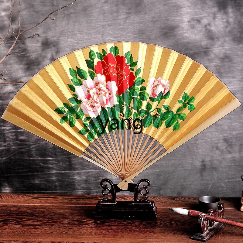 LXL Gold Paper Fan Opera Chinese Style Folding Fan Double-Sided Hand Painting Craft