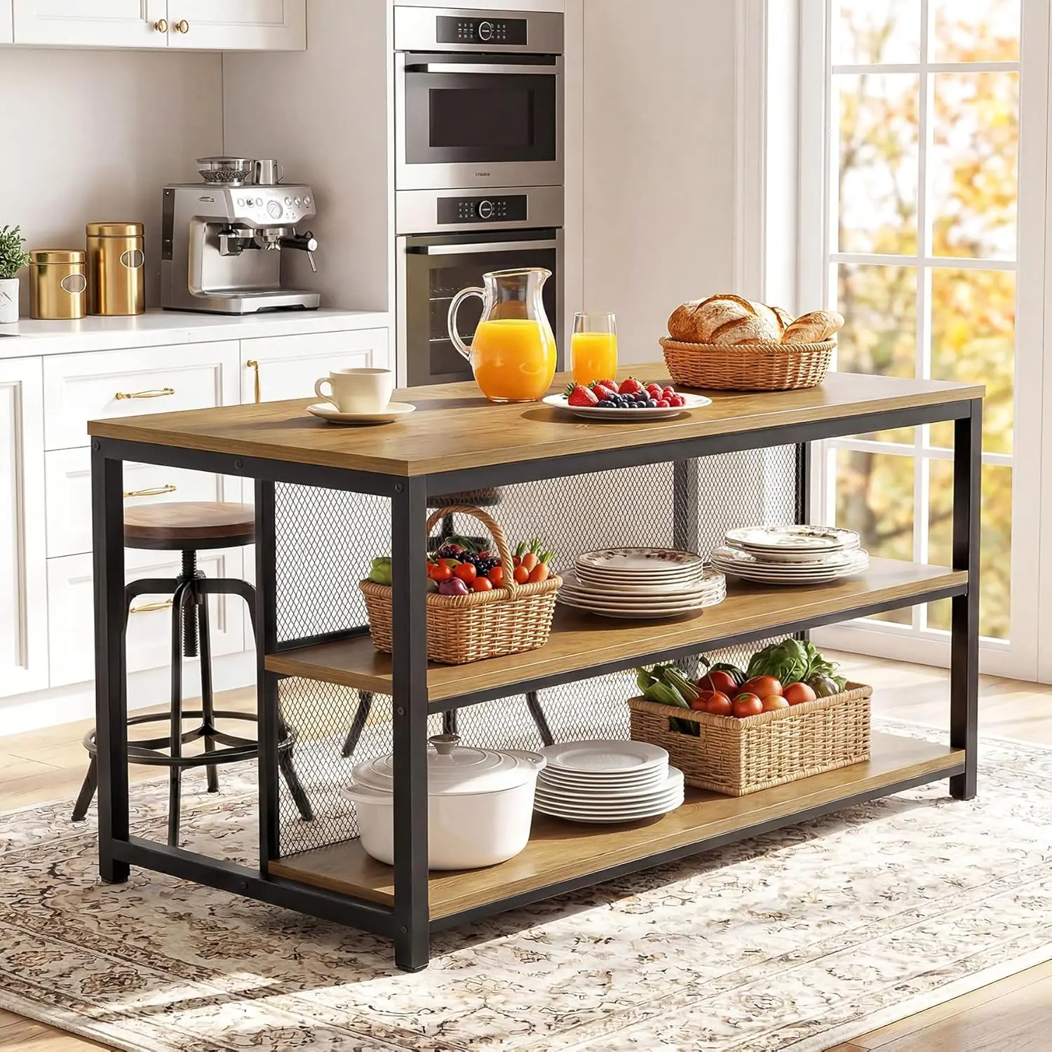 

63" Kitchen Island Table Storage Shelves Seating Metal Frame Coffee Bar Kitchen Dining Living Room Brown, Customized