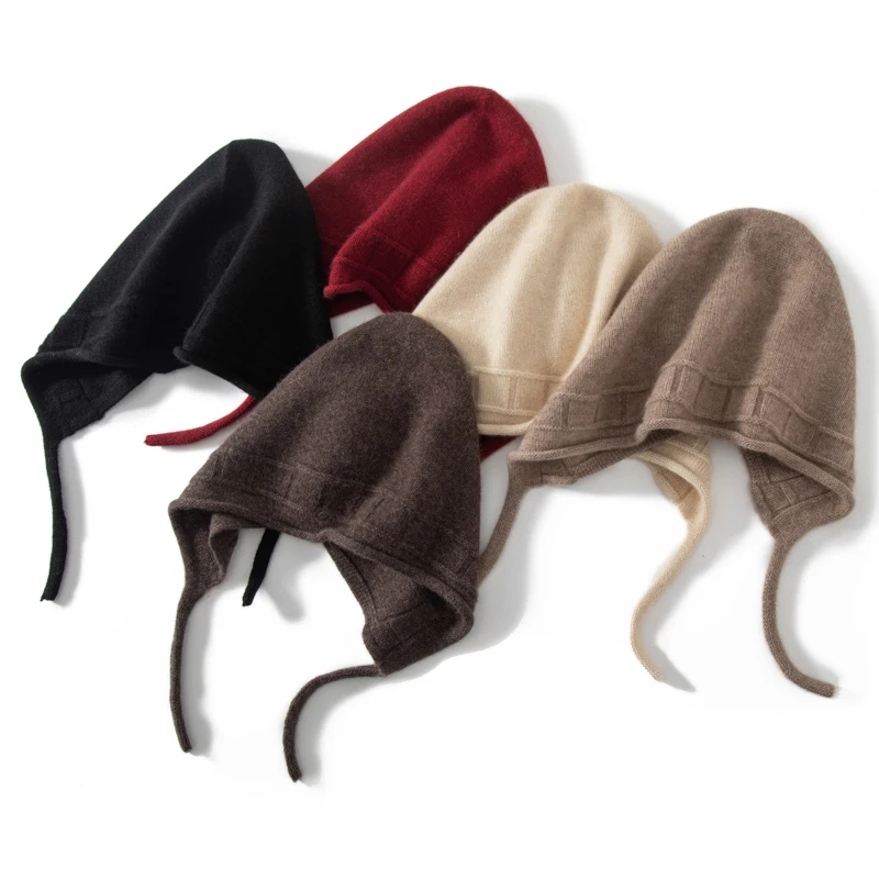 2025 Women Hats Autumn Winter New 100% Cashmere Knited Hats Warm Soft Earmuff Aviator Caps Warm Thick Cap Cashmere Cap 5Colors