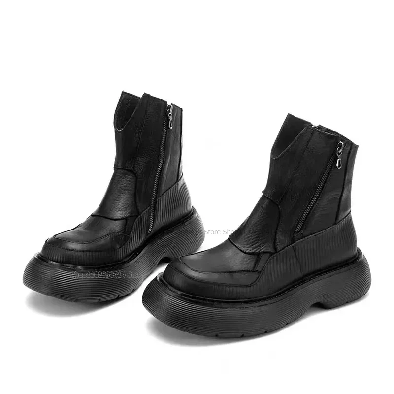 

Black Thick Bottom Double Zipper Men Boots Fashion Genuine Leather Men Shoes Novel Handmade Party British Style High Top Shoes