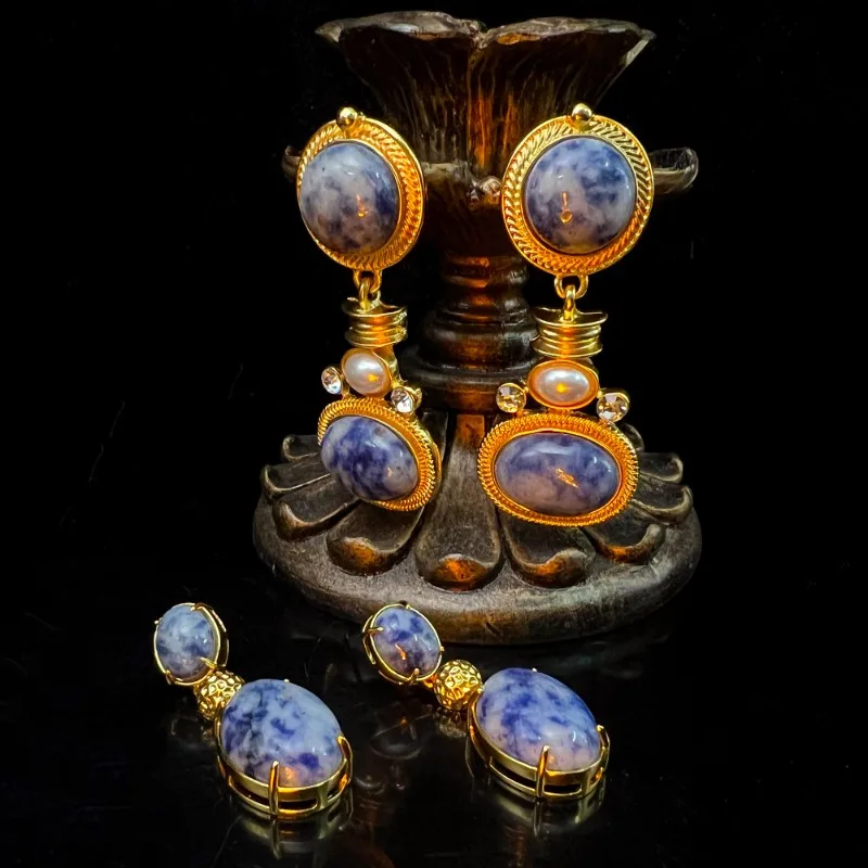 

Винтажные элегантные серьги для женщин с синим камнем и жемчугом, висячие серьги в ретро-стиле, роскошные ювелирные украшения для свадьбы и вечеринок