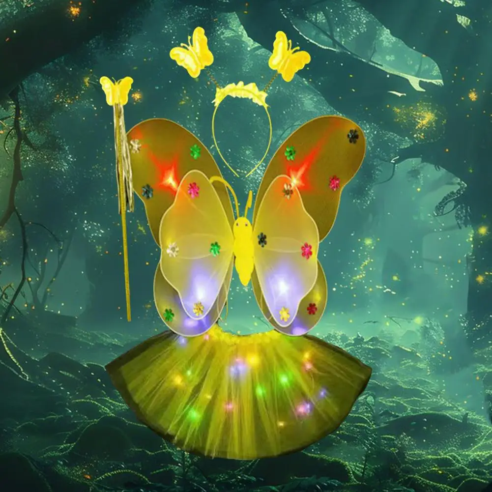 새해 파티 의상 Led 빛나는 날개 의상 세트 여자를위한 지팡이 헤어 밴드 새해를위한 라인 메쉬 흩어져있는 케이크 스커트