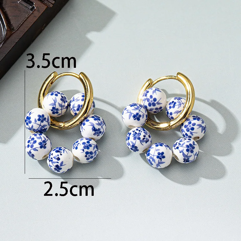 Vintage Geometric Round Ball Blue White Enamel Ceramic Earrings For Women Girls Party Jewelry Gifts Fashion Accessories