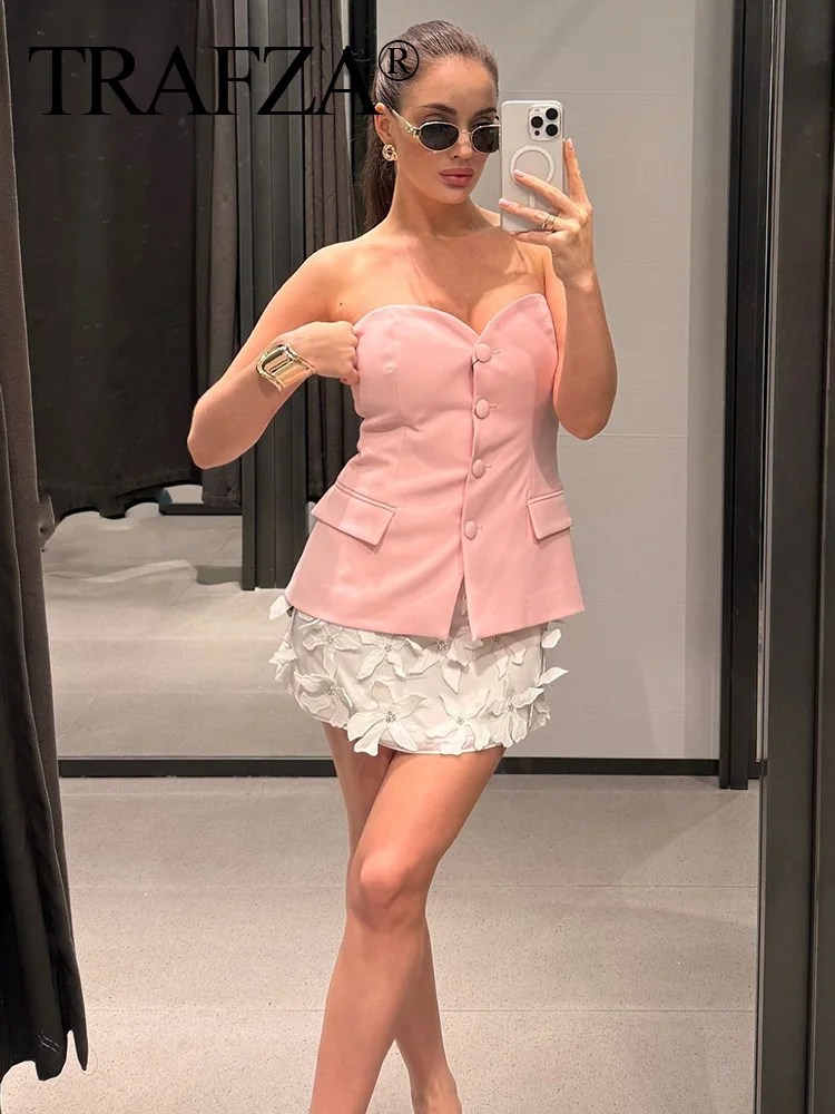 TRAFZA 2024 Women Elegant Solid Pink Strapless Buttons Slim Tank Tops + White A Line Slit Shorts Skirts Casual 2 Pcs Set Street