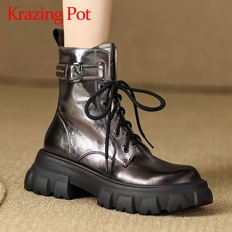 

Krazing Pot Full Genuine Leather Round Toe Thick High Heel Embroidery Buffing Belt Buckle Cross-tied Handsome Girl Ankle Boots