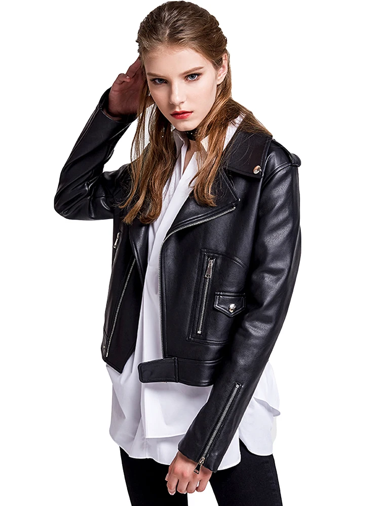 FTLZZ Spring Autumn Women Faux PU Leather Jacket Casual Lady Lapel Zipper Leather Jacket Vintage Motorcycle Coat