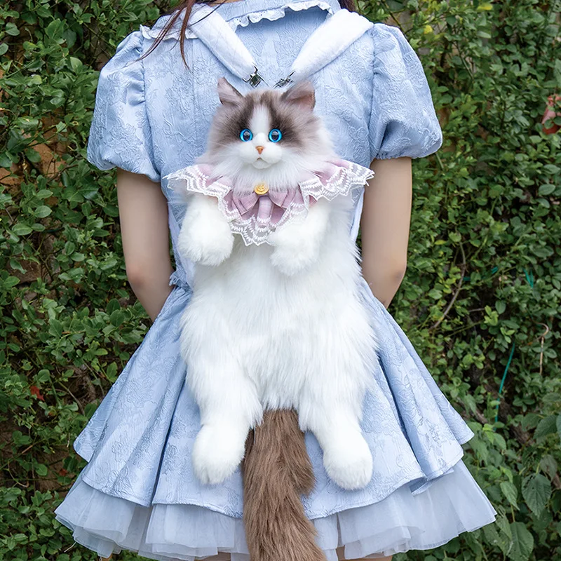 

White Long-haired Fluffy Cat Backpack Super Realistic Cat Cute Women's Backpacks Cartoon Handmade Plush Backpack Birthday Gift