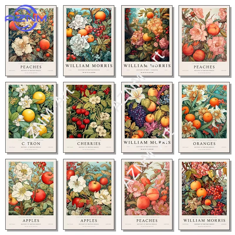 1PC ，William Morris Flowers and Fruits Poster Canvas Painting Kew Gardens Wall Art Pictures Bedroom Living Room Home Decor Gift