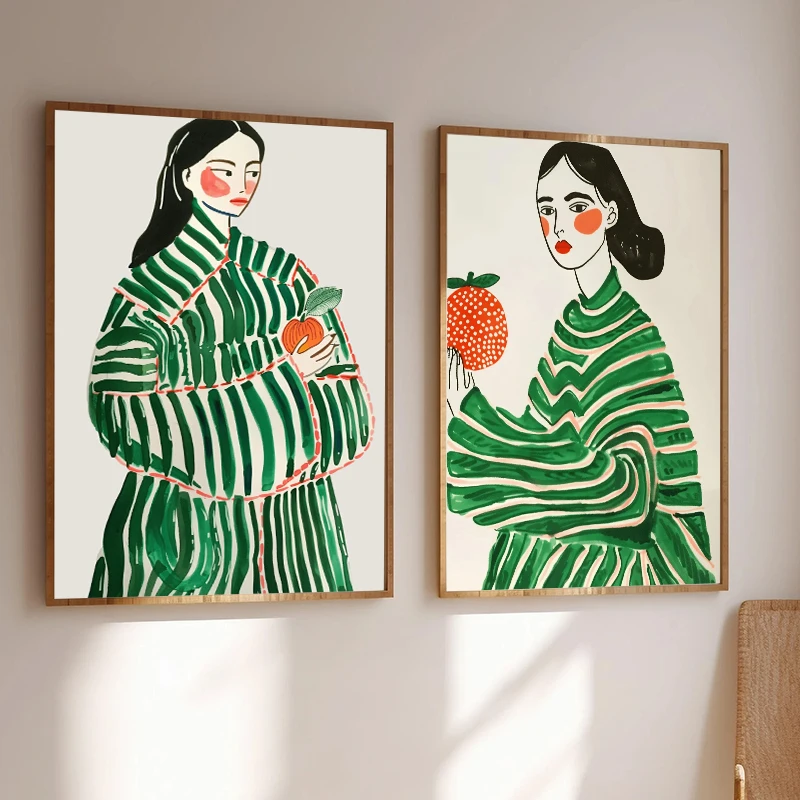 1PC Frameless  Emerald Green Woman Striped Sweater Girl Portrait Art Poster Canvas Painting Print, Moody Minimalist Room Home De
